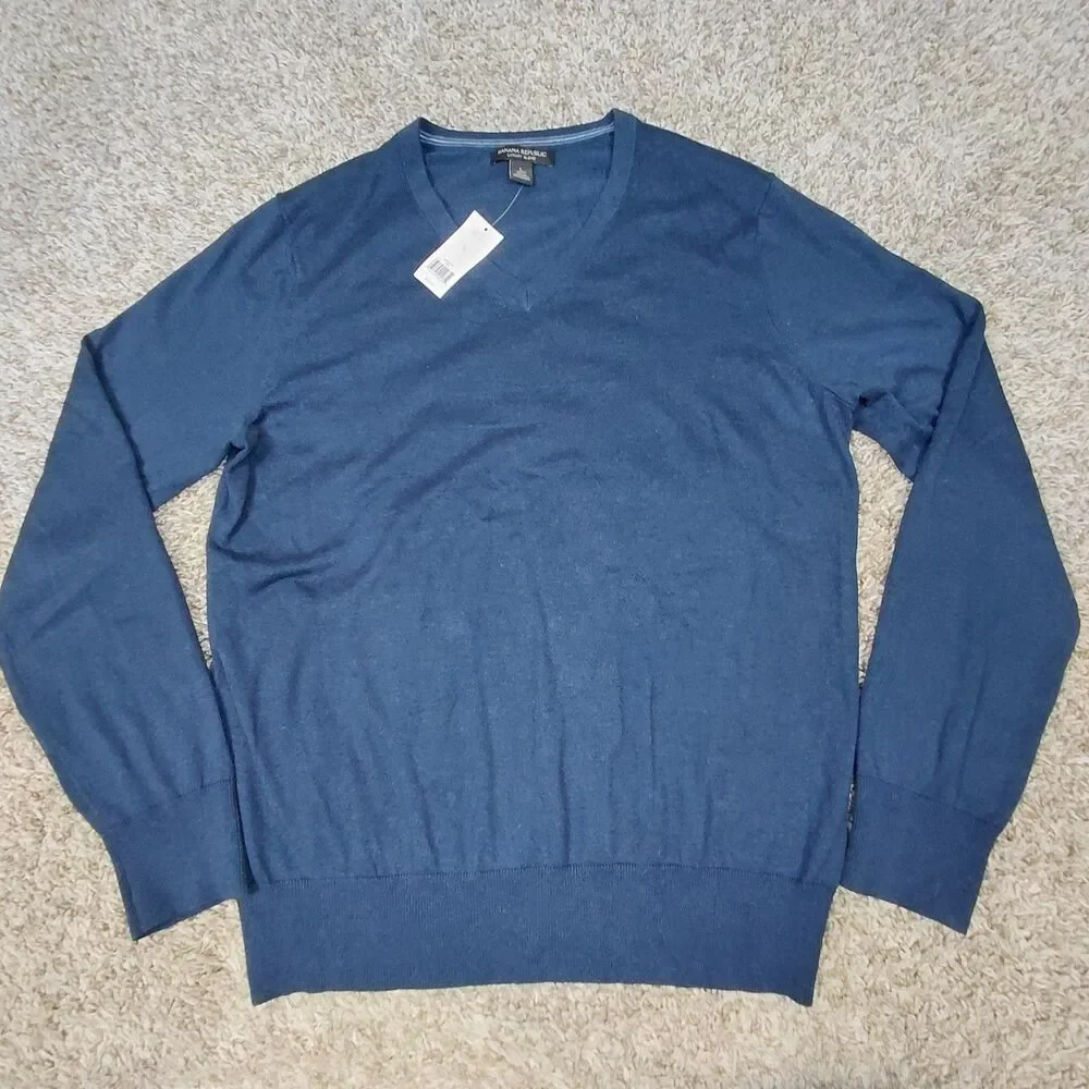 NEW Banana Republic Sweater Mens Large Navy Silk Cotton Cashmere Luxury V-Neck
